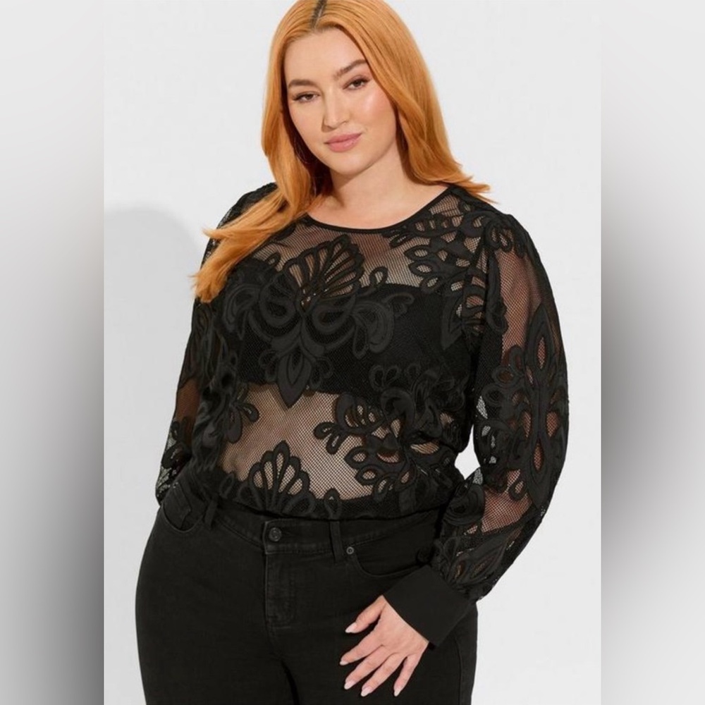 NWT Torrid Mesh with Embroidery Long Sleeve Blouse in Black Size 4X